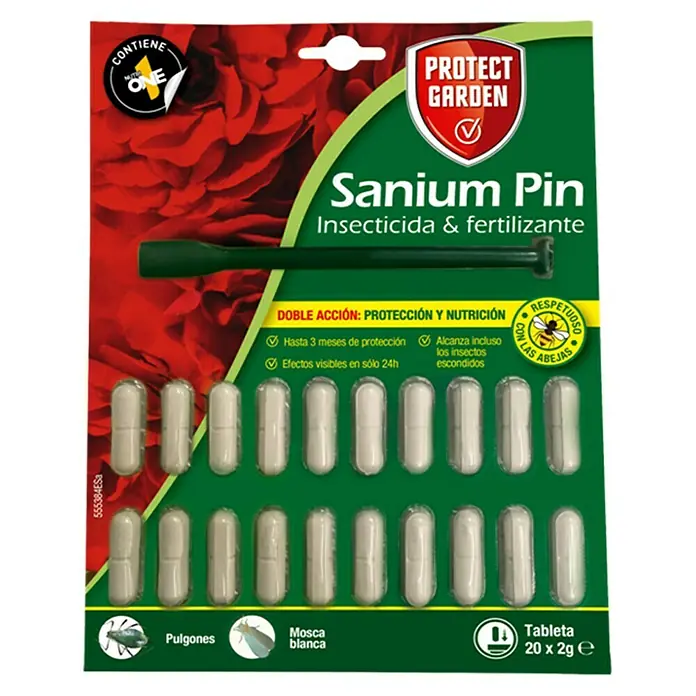 Antiorugas biológico Sanium pin - 20 ud. - Imagen de "Protect Garden Sanium Pin", un insecticida y fertilizante en forma de tabletas, que proporciona hasta 3 meses de protección.
