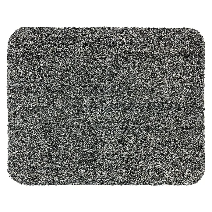 Astra Fußmatte Entra Saugaktiv - Anthrazit, 60 x 75 cm, Material Nutzschicht: 100 % Baumwolle - Grauer, rechteckiger Shaggy-Teppich mit abgerundeten Ecken auf schwarzem Hintergrund. Ideal für Badezimmer oder Schlafzimmer, bringt Komfort und Stil.