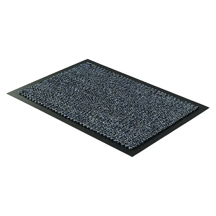 Astra Schmutzfangmatte Achat - Blau, 60 x 80 cm, Material Nutzschicht: 100 % Polypropylen - Eine Fußmatte mit einem grauen, melierten Teppichbelag und einem schwarzen Rahmen ist vor einem dunklen Hintergrund zu sehen.