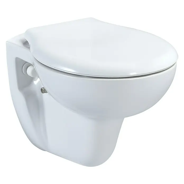 Camargue Arles Wand-WC - Mit Spülrand, Ohne Spezialglasur, Spülform: Tief, WC Abgang: Waagerecht, Weiß - Nahaufnahme einer wandhängenden weißen Toilette, die ein modernes, platzsparendes Design mit klaren Linien und glatter Oberfläche zeigt.