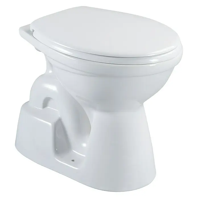 Camargue Arles Stand-WC - Mit Spülrand, Ohne Spezialglasur, Spülform: Tief, WC Abgang: Senkrecht, Weiß - Nahaufnahme einer weißen Toilette mit geschlossenem Deckel, ideal für Badezimmerdesign und Sanitäranlagen.
