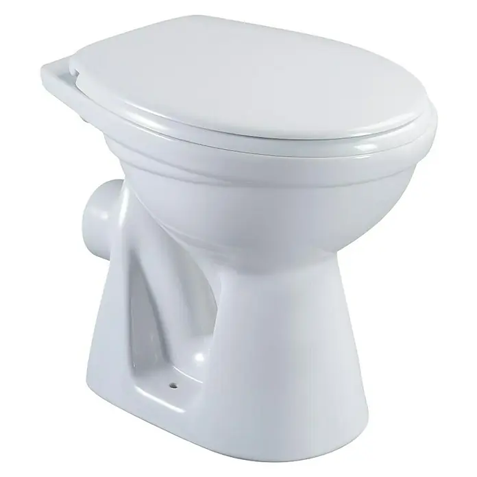 Camargue Arles Stand-WC - Mit Spülrand, Ohne Spezialglasur, Spülform: Tief, WC Abgang: Waagerecht, Weiß - Nahaufnahme einer weißen Toilette mit geschlossenem Deckel, die ein sauberes und modernes Baddesign widerspiegelt.