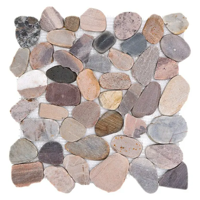 Mosaikfliese Kiesel XKS 404 - 31,5 x 31,5 cm, Beige/Grau, Matt - Dekorative Wandfliesen aus Flusssteinen auf einem quadratischen Netz. Die Steine variieren in Form und Farbe und verleihen der Fliese einen natürlichen Look.