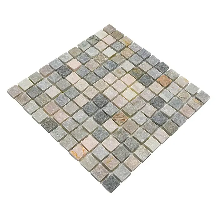 Mosaikfliese Quadrat XQM 10XS - 30,5 x 30,5 cm, Beige/Grau, Matt - Nahaufnahme eines quadratischen Mosaikfliesenmusters in verschiedenen Grau- und Beigetönen auf schwarzem Hintergrund.