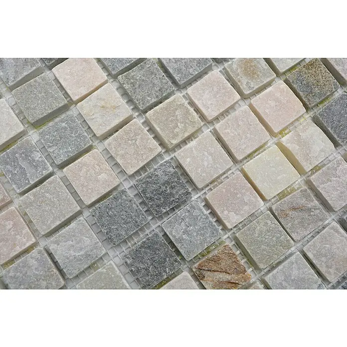 Mosaikfliese Quadrat XQM 10XS - 30,5 x 30,5 cm, Beige/Grau, Matt - Mosaikfliesen aus Naturstein in verschiedenen Grautönen und Beige, verlegt auf einem Netz. Ideal für Bad und Küche.
