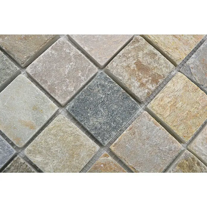 Mosaikfliese Quadrat XQM 001M - 30,5 x 30,5 cm, Beige/Grau, Matt - Nahaufnahme von quadratischen Mosaikfliesen in verschiedenen Natursteintönen für Wand- und Bodengestaltung.