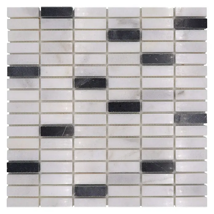 Mosaikfliese Koloni XNT 42828 - 30,5 x 30,5 cm, Weiß, Matt - Eine Nahaufnahme eines quadratischen Mosaiks aus weißen und schwarzen rechteckigen Steinen, die ein elegantes Muster bilden.