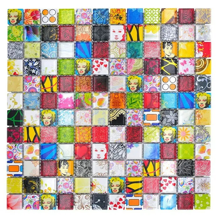 Mosaikfliese Quadrat Mix CG STAR - 30 x 30 cm, Mehrfarbig, Glänzend - Quadratisches Mosaikfliesenmuster mit diversen Designs, darunter Marilyn Monroe und Audrey Hepburn, perfekt für kreative Wandgestaltungen.