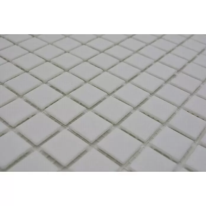 Mosaikfliese Quadrat Uni - 32,7 x 30,5 cm, Weiß, Matt - Weiße quadratische Mosaikfliesen in einem Gittermuster, mit leichter Textur.
