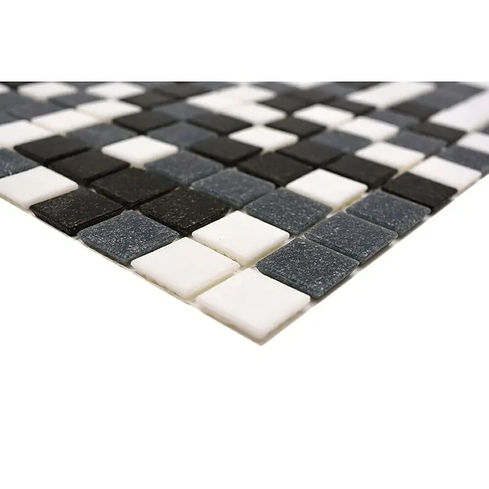 Mosaikfliese Quadrat Mix - 32,7 x 30,5 cm, Schwarz/Grau/Weiß, Matt - Nahaufnahme von quadratischen Mosaikfliesen in Schwarz-, Weiß- und Grautönen, die ein modernes und stilvolles Design zeigen.