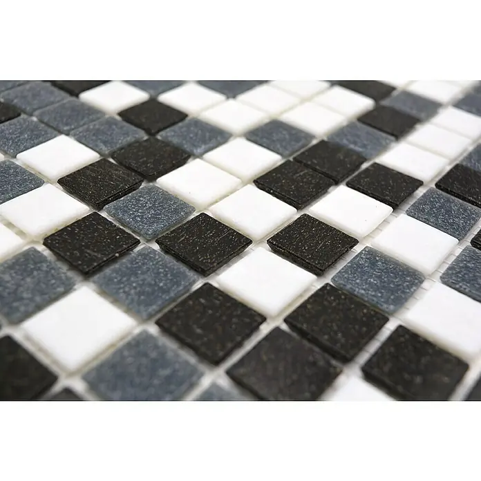 Mosaikfliese Quadrat Mix - 32,7 x 30,5 cm, Schwarz/Grau/Weiß, Matt - Nahaufnahme eines Mosaikfliesenmusters mit schwarzen, weißen und grauen quadratischen Fliesen, das eine stilvolle und moderne Oberfläche zeigt.