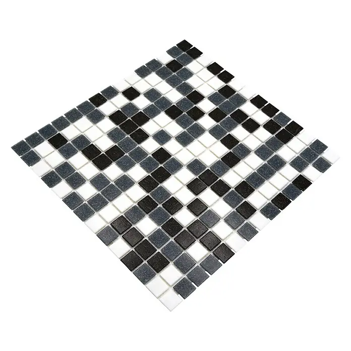 Mosaikfliese Quadrat Mix - 32,7 x 30,5 cm, Schwarz/Grau/Weiß, Matt - Nahaufnahme eines Mosaikfliesenmusters mit Schwarz-, Grau- und Weißtönen, das sich ideal für Bad- und Küchendekore eignet.