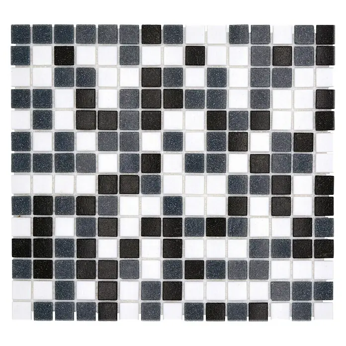 Mosaikfliese Quadrat Mix - 32,7 x 30,5 cm, Schwarz/Grau/Weiß, Matt - Nahaufnahme von schwarzen, grauen und weißen Mosaikfliesen, die ein modernes und stilvolles Muster ergeben.