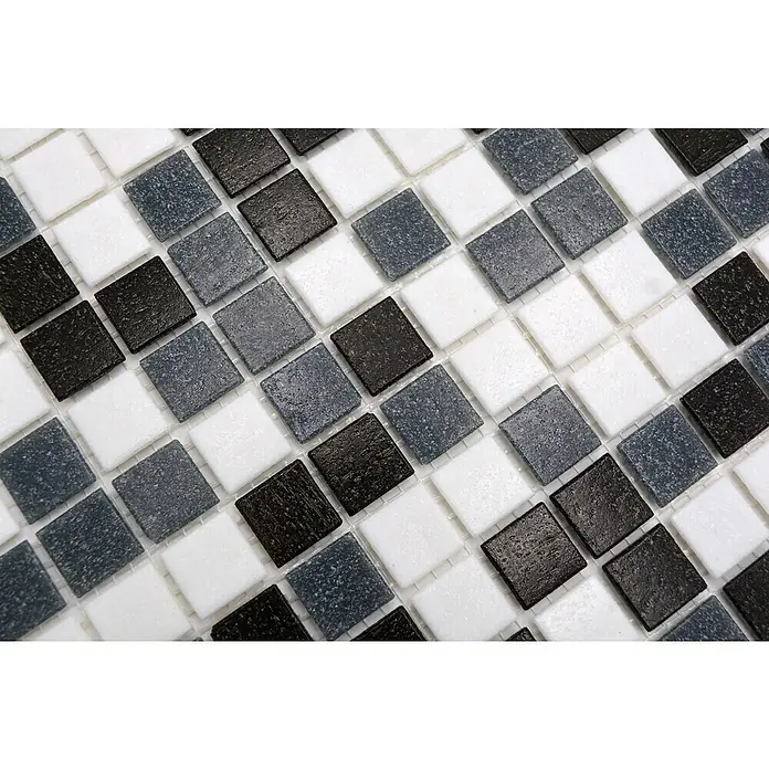 Mosaikfliese Quadrat Mix - 32,7 x 30,5 cm, Schwarz/Grau/Weiß, Matt - Nahaufnahme von Mosaikfliesen in Weiß-, Grau- und Schwarztönen, die ein geometrisches Muster bilden. Ideal für moderne Innendesigns.