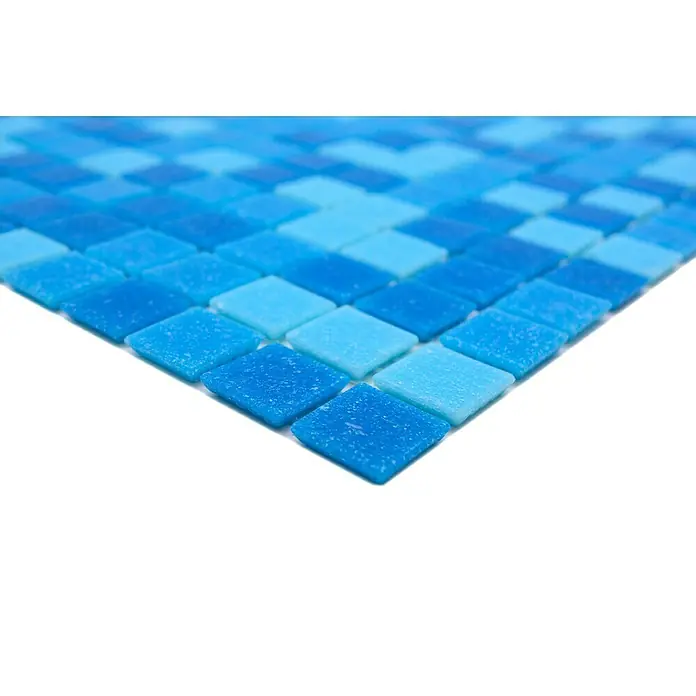 Mosaikfliese Quadrat Mix - 32,7 x 30,5 cm, Blau, Matt - Nahaufnahme eines Musters aus quadratischen blauen Mosaikfliesen, perfekt für die Gestaltung von Badezimmern oder Küchen.