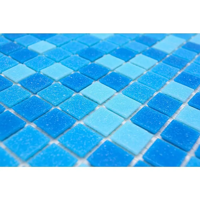 Mosaikfliese Quadrat Mix - 32,7 x 30,5 cm, Blau, Matt - Nahaufnahme von blau schattierten quadratischen Mosaikfliesen, die ein beruhigendes und modernes Design für verschiedene Anwendungen zeigen.