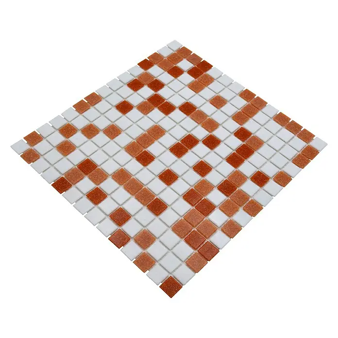 Mosaikfliese Quadrat Mix GM A 155 - 32,7 x 30,5 cm, Braun/Weiß, Matt - Nahaufnahme eines quadratischen Mosaiks mit weißen und orangefarbenen Steinen, das ein schönes Muster für Wand- und Bodenfliesen bildet.