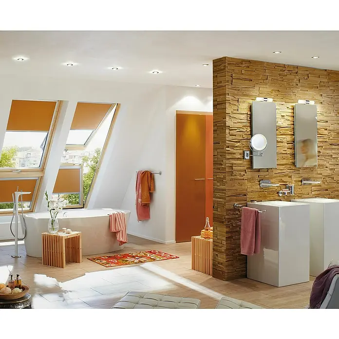 Paulmann Aplique para espejo Lenia - L x An x Al: 10,5 x 33 x 8 cm - Baño con tragaluces y bañera exenta. Modernos lavabos sobre pedestal y paneles de madera en la pared añaden estilo a la habitación.