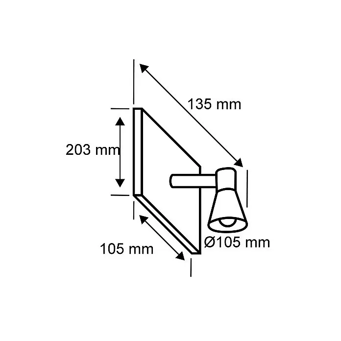 Paulmann Wandleuchte Eleon - 33 W, L x B x H: 13,5 x 10,5 x 20,3 cm, Chrom, G9 - Technische Zeichnung einer Wandleuchte mit Maßen: Rückplatte 203x105mm, 135mm Ausladung, Ø105mm Lampenkopf.