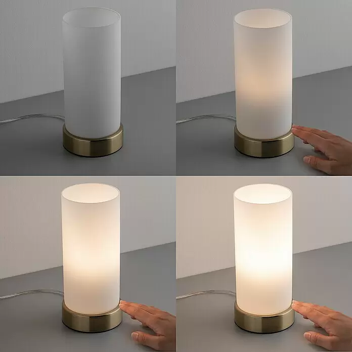 Paulmann Lámpara de sobremesa Pinja - 20 W, L x An x Al: 11 cm x 11 mm x 24,4 cm, Latón, Blanco, E14 - Lámpara táctil cilíndrica con pantalla de cristal esmerilado y base de latón, una mano demuestra su luz regulable.