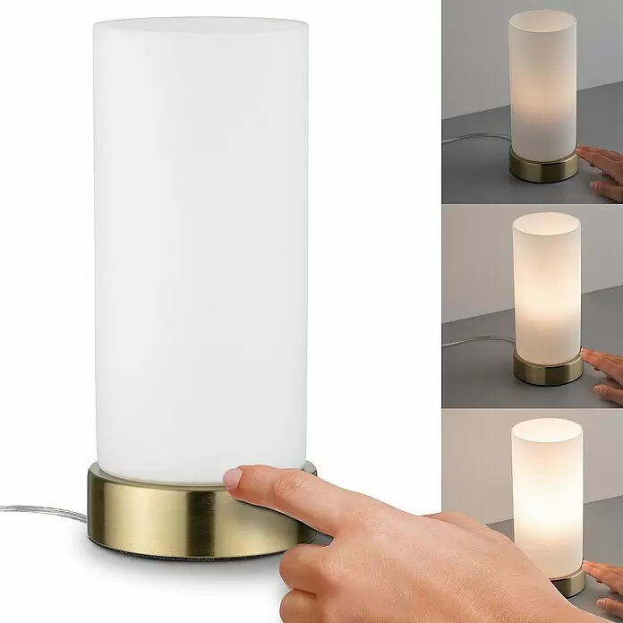 Paulmann Lámpara de sobremesa Pinja - 20 W, L x An x Al: 11 cm x 11 mm x 24,4 cm, Latón, Blanco, E14 - Lámpara de mesa cilíndrica con pantalla de cristal blanco mate y base de latón, con función táctil regulable.