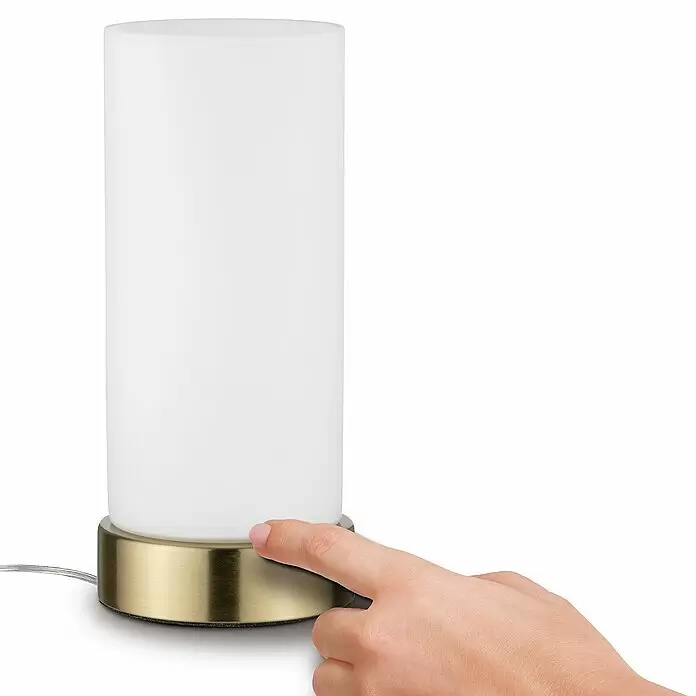 Paulmann Lámpara de sobremesa Pinja - 20 W, L x An x Al: 11 cm x 11 mm x 24,4 cm, Latón, Blanco, E14 - Lámpara de mesa cilíndrica con pantalla blanca esmerilada y base de color latón, tocada por un dedo.