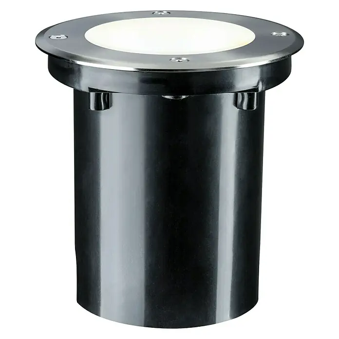 Paulmann Plug & Shine LED-Gartenspot - 6 W, Warmweiß, IP67, Ø x H: 14 x 15 cm, Abstrahlwinkel: 20 ° - Bodenleuchte mit rundem, eingelassenem Design und silbernem Rand auf einem dunklen Sockel, ideal für Außenbereiche.