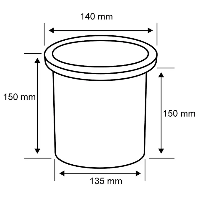 Paulmann Plug & Shine LED-Gartenspot - 6 W, Warmweiß, IP67, Ø x H: 14 x 15 cm, Abstrahlwinkel: 20 ° - Eine Skizze eines zylindrischen Behälters mit den Maßen 140 mm (Oberseite), 135 mm (Unterseite) und 150 mm (Höhe).