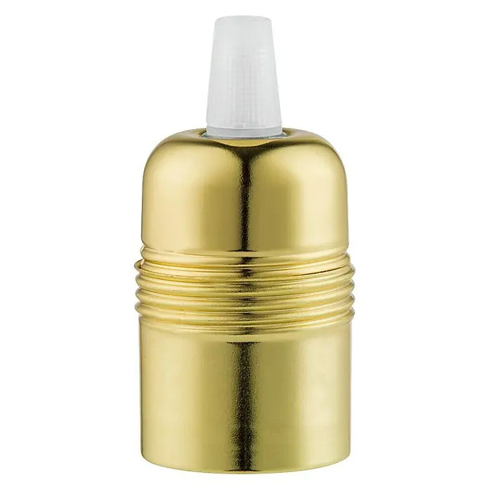 Home Sweet Home Lampenfassung Shine - E27, Farbe: Gold, Metall, Ø x H: 3,8 x 5,9 cm - Eine goldene Lampenfassung mit einem weißen Kabelhalter auf einem schwarzen Hintergrund, die die Eleganz und Funktionalität des Produkts hervorhebt.