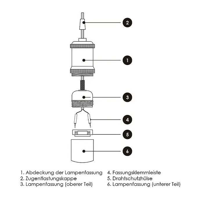 Home Sweet Home Lampenfassung Perle - E27, Farbe: Kupfer, Metall - Diagramm einer Lampenfassung mit Beschriftungen der Einzelteile.