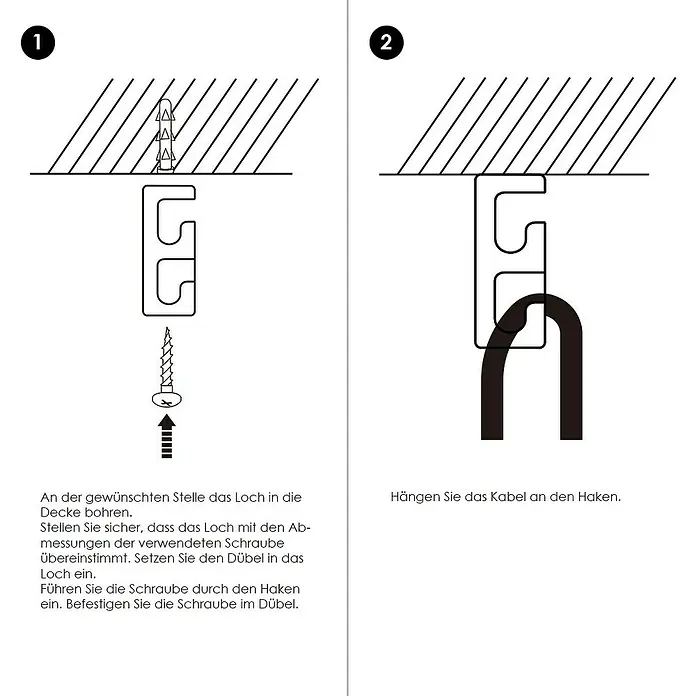 Deckenhaken - Farblos, Ø x H: 1,8 x 3,5 cm - Montageanleitung für einen Deckenhaken zur Kabelbefestigung, inklusive Dübel, Schraube und Haken.