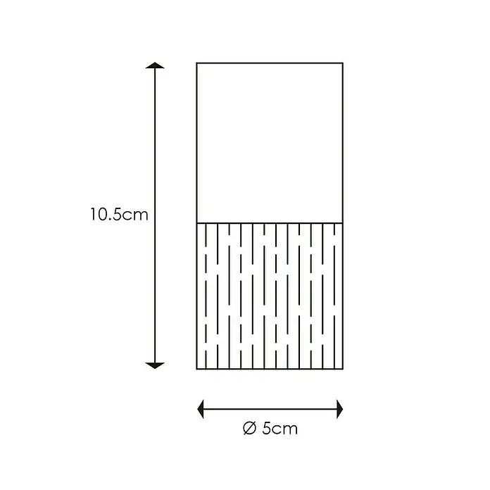 Home Sweet Home Lampenfassung - E27, Weiß, Höhe: 10,5 cm - Schematische Darstellung eines rechteckigen Behälters mit einer Höhe von 10,5 cm und einem Durchmesser von 5 cm, die untere Hälfte mit vertikalen Linien versehen.