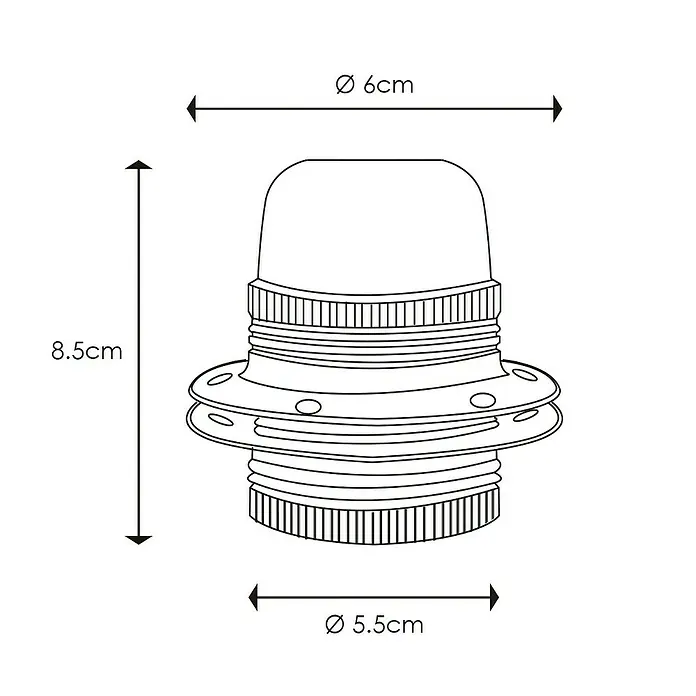 Home Sweet Home Lampenfassung - E27, Stahl, Ø x H: 4,6 x 7,5 cm - Technische Zeichnung einer Lampenfassung mit den Maßen 8,5 cm Höhe und Durchmessern von 6 cm und 5,5 cm.
