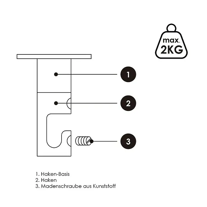 Home Sweet Home Deckenhaken - Kupfer, Ø x H: 3,5 x 5 cm - Darstellung eines Hakensystems, das bis zu 2 kg tragen kann, mit hervorgehobenen Komponenten wie Basis, Haken und Madenschraube.
