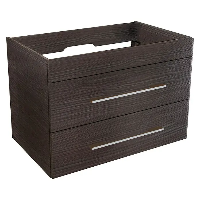 Camargue Stella Badmöbel-Set G82D11 - Gesamtbreite Badmöbel: 80 cm, Dark Oak, Matt, 3 -tlg. - Bild eines modernen Badezimmer-Waschtischunterschranks in dunkler Holzoptik mit zwei Schubladen und silbernen Griffen.