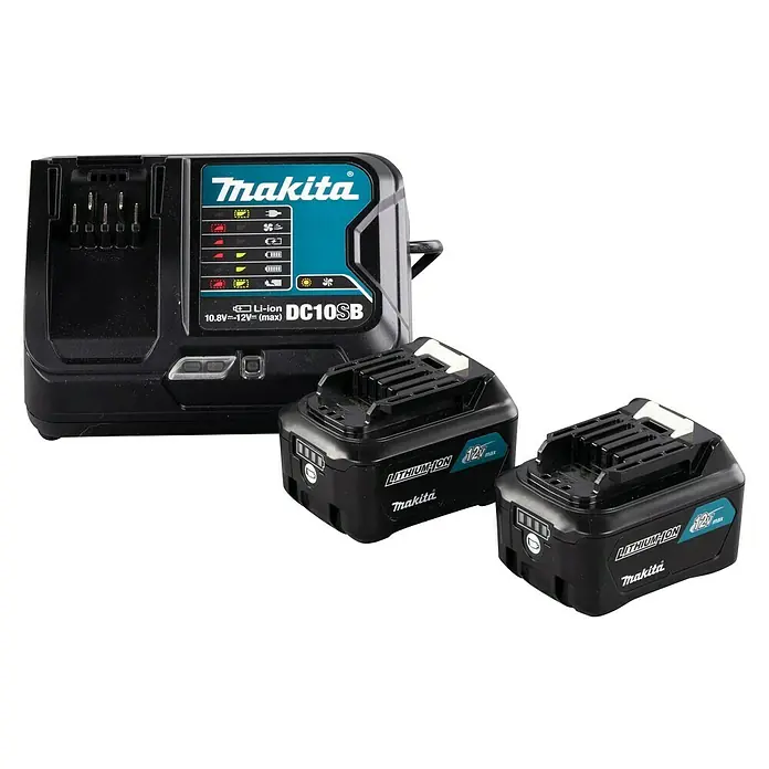 Makita CXT 12V max. Akku & Ladegerät Power Source-Kit 191L68-0 - 12 V, 2 Akkus, 4 Ah - Makita DC10SB Ladegerät mit zwei 12V Akkus. Das Ladegerät ist schwarz und hat eine grüne Anzeige.