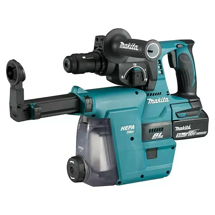 Makita LXT 18V Martillo combinado de batería DHR243RTJ - 18 V, 2 baterías, 5 Ah, 2 J, Con extracción de polvo - Martillo perforador inalámbrico Makita turquesa y negro con extractor de polvo HEPA integrado y batería de 18V Li-ion.