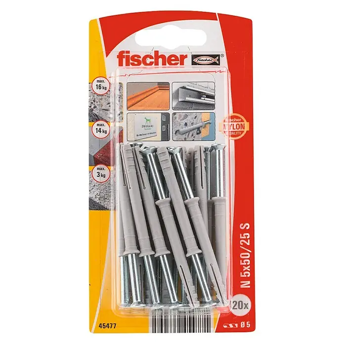 fischer 50 stuks SXR langschachtpluggen 10 x 120 T, hoogwaardige spreidpluggen met bijpassende verzonken schroef, nylon pluggen voor optimale grip bij