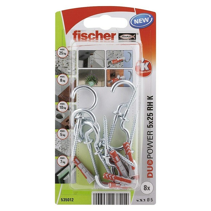 Fischer Duopower Pluggenset (Diameter plug: 5 mm, Pluglengte: 25 mm, Schroefhaak, 8 stk.)