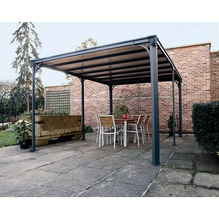 Palram – Canopia Pérgola estándar Milano - An x Pr: 435,9 x 315,5 cm, Color del armazón: Antracita, Aluminio - Una pérgola moderna ofrece un acogedor comedor al aire libre, con mesa y sillas, perfecto para disfrutar de las comidas.