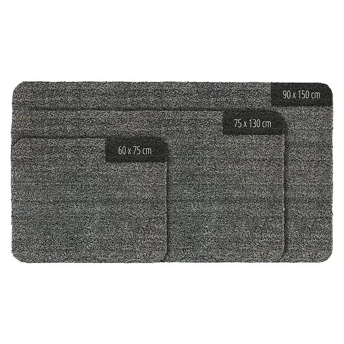 Astra Fußmatte Entra Saugaktiv - Beige, 75 x 130 cm, Material Nutzschicht: 100 % Baumwolle - Bild von drei unterschiedlich großen, grauen Schmutzfangmatten mit den Maßen 60x75, 75x130 und 90x150 cm.