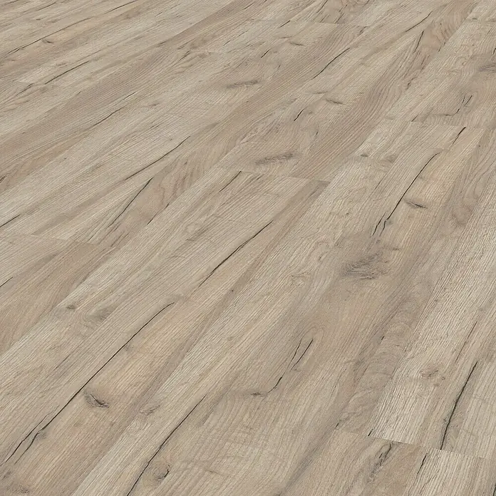 LOGOCLIC Family Laminat Eiche Esperia1.285 x 192 x 7 mm, Landhausdiele, Eiche Esperia - Helle Holzboden-Textur mit natürlicher Maserung und feinen Rissen, ideal für moderne und rustikale Innenräume.
