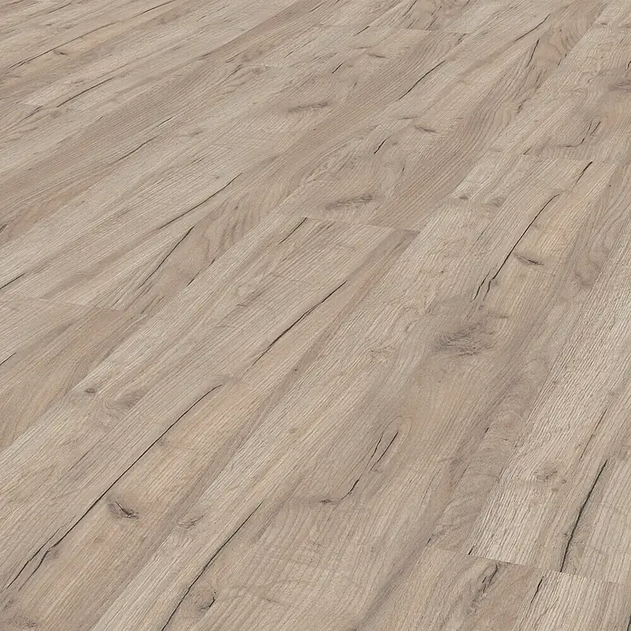 LOGOCLIC Family Laminatmuster Eiche Esperia - 297 x 195 x 1 mm, Landhausdiele - Helle Holzboden-Textur mit natürlicher Maserung und feinen Rissen, ideal für moderne und rustikale Innenräume.