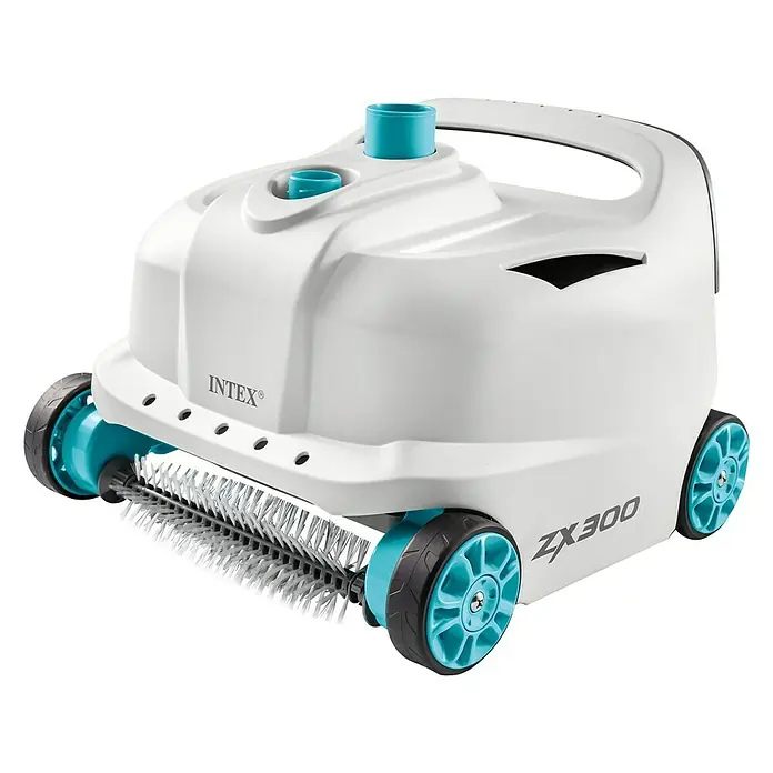 Intex Poolroboter Deluxe Auto Pool Cleaner ZX300Hydraulisch, Passend für: Intex Pools bis 50 m³, Filterleistung: 13 m³/h - Das Bild zeigt einen Intex ZX300 Poolroboter in Weiß und Türkis vor schwarzem Hintergrund.