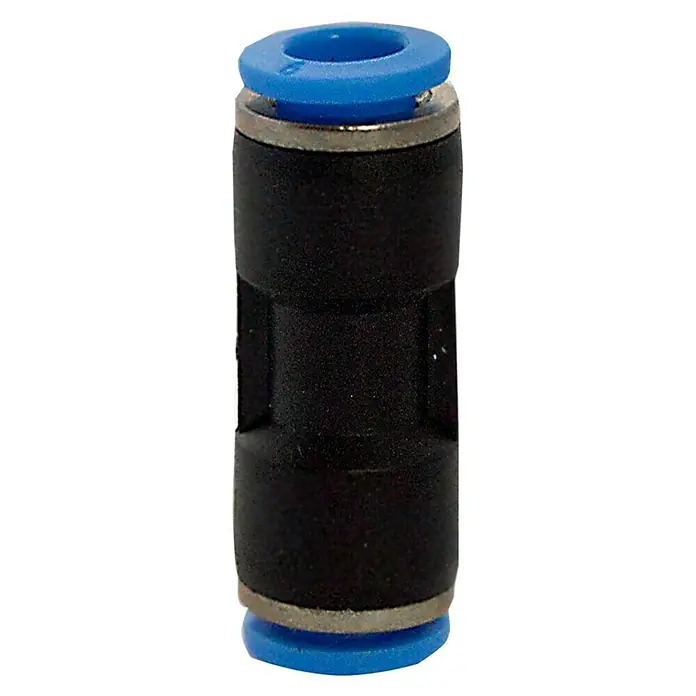 MPC Racor de unión - Diámetro boquilla: 6 mm, 5 ud. - Primer plano de un accesorio recto neumático con extremos azules y un centro negro, diseñado para conexiones rápidas y fiables.