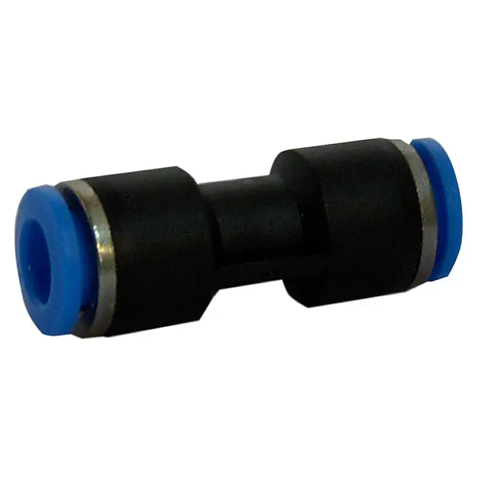 MPC Racor de unión - Diámetro boquilla: 6 mm, 5 ud. - Imagen de un conector rápido neumático recto con extremos azules y cuerpo negro.