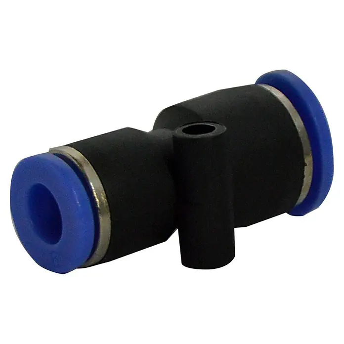 MPC Racor reductor - Dimensión conexión: 8 - 6 mm, 5 ud. - Un accesorio en T neumático negro con bordes azules y una rama en el medio, diseñado para aplicaciones neumáticas.