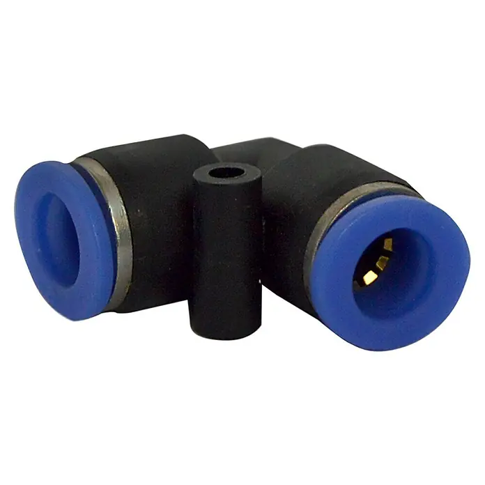 MPC Codo angular - Diámetro boquilla: 10 mm, 5 ud. - Un racor neumático de codo de 90 grados con sellos azules y cuerpo negro, típicamente utilizado para aplicaciones de presión de aire.