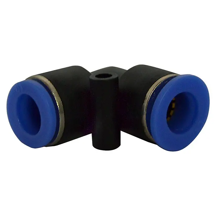 MPC Codo angular - Diámetro boquilla: 6 mm, 5 ud. - Un accesorio neumático negro en forma de T con conectores rápidos azules, ideal para sistemas de aire comprimido y automatización.