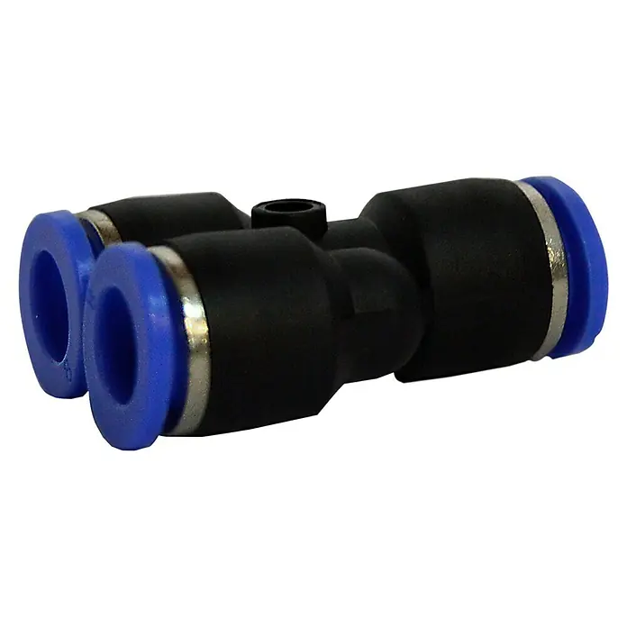 MPC Conector en Y - Diámetro boquilla: 8 mm, 5 ud. - La imagen muestra un conector neumático en T, utilizado para conectar líneas de aire comprimido. El conector es negro con extremos azules.